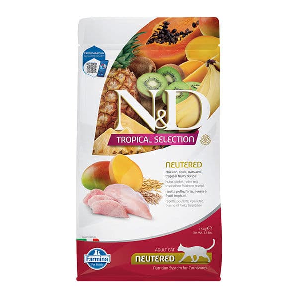 N&D Tropical Selection Tavuk Etli ve Tropikal Meyveli Kısırlaştırılmış Kedi Maması 1.5 kg